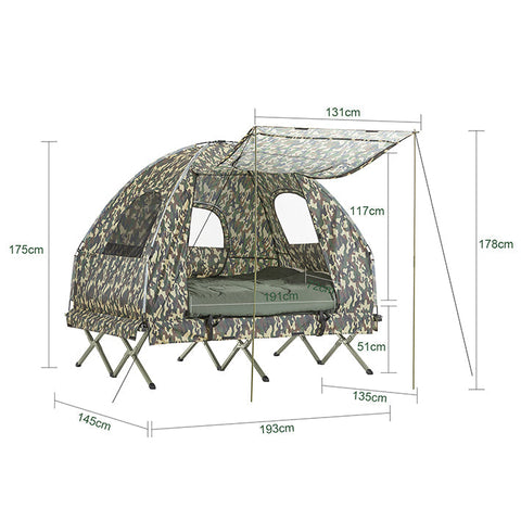 Rootz 4-in-1 Camping Tent Set with Awning - Pop-Up Tent - Camp Bed - Camping Lounger - Durable Oxford Nylon - Water-Resistant - Easy Transport - 193cm x 175cm x 145cm - Camouflage Color