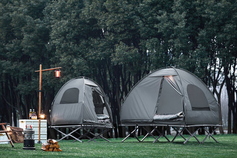 Rootz 4-in-1 Camping Tent Bundle for 2 People - Pop-Up Tent - Camp Bed with Lounger - Durable Oxford Nylon - Waterproof Polyester - Easy Transport - 193cm x 188cm x 145cm - Light Gray