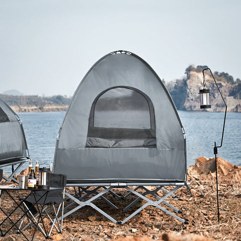 Rootz 4-in-1 Camping Tent Bundle for 2 People - Pop-Up Tent - Camp Bed with Lounger - Durable Oxford Nylon - Waterproof Polyester - Easy Transport - 193cm x 188cm x 145cm - Light Gray