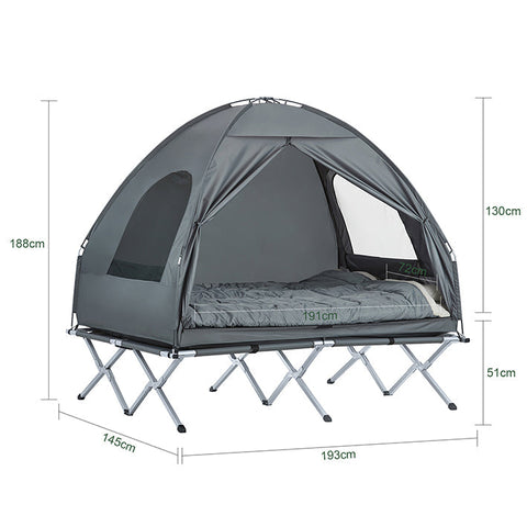 Rootz 4-in-1 Camping Tent Bundle for 2 People - Pop-Up Tent - Camp Bed with Lounger - Durable Oxford Nylon - Waterproof Polyester - Easy Transport - 193cm x 188cm x 145cm - Light Gray