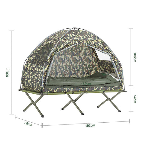 Rootz 4-in-1 Camping Tent Kit - Single Person - Pop-Up Tent - Camp Bed - Portable Lounger - Durable Oxford Nylon - Easy Transport - Integrated Mosquito Net - 193cm x 160cm x 86cm - Camouflage Color