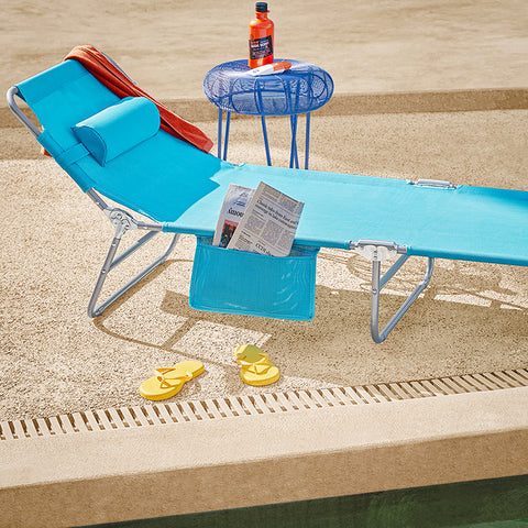 Rootz Verstelbare ligstoel - Strandligstoel - Tuinligstoel - Opvouwbaar, ademend, met zijvak - Blauw - 195 cm x 58 cm x 63 cm