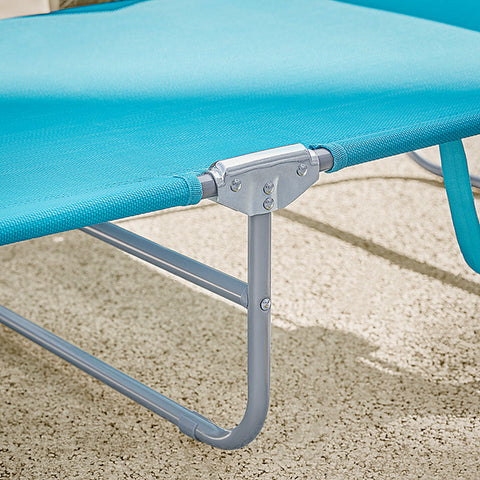 Rootz Adjustable Beach Lounger - Garden Lounger - Foldable Sun Lounger - Breathable Synthetic Fiber - Removable Pillow - Side Pocket - 195cm x 58cm x 63cm - Blue