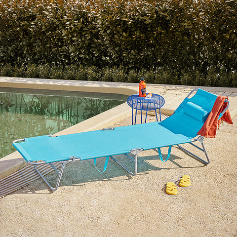 Rootz Adjustable Sun Lounger - Beach Lounger - Garden Lounger - Foldable, Breathable, with Side Pocket - Blue - 195cm x 58cm x 63cm