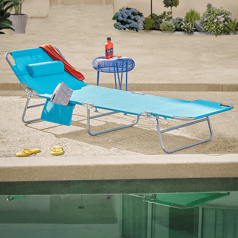Rootz Adjustable Beach Lounger - Garden Lounger - Foldable Sun Lounger - Breathable Synthetic Fiber - Removable Pillow - Side Pocket - 195cm x 58cm x 63cm - Blue