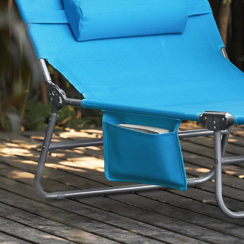 Rootz Adjustable Beach Lounger - Garden Lounger - Foldable Sun Lounger - Breathable Synthetic Fiber - Removable Pillow - Side Pocket - 195cm x 58cm x 63cm - Blue