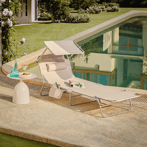 Rootz Adjustable Beach Lounger - Garden Lounger - Foldable Sun Lounger - Breathable Synthetic Fiber - Removable Pillow - Side Pocket - 195cm x 58cm x 63cm - Beige