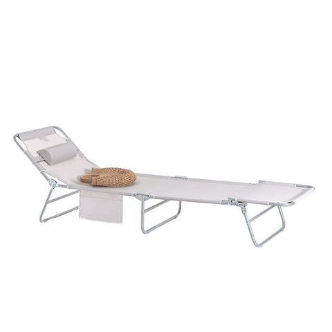 Rootz Verstelbare strandligstoel - Tuinligstoel - Opvouwbare ligstoel - Ademende synthetische vezels - Afneembaar kussen - Zijvak - 195 cm x 58 cm x 63 cm - Beige