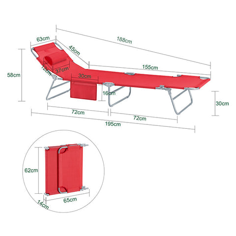 Rootz Adjustable Sun Lounger - Beach Lounger - Garden Chair - Foldable, Breathable, with Side Pocket - Red - 195cm x 58cm x 63cm