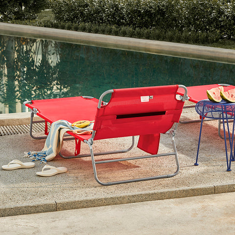 Rootz Adjustable Sun Lounger - Beach Lounger - Garden Chair - Foldable, Breathable, with Side Pocket - Red - 195cm x 58cm x 63cm