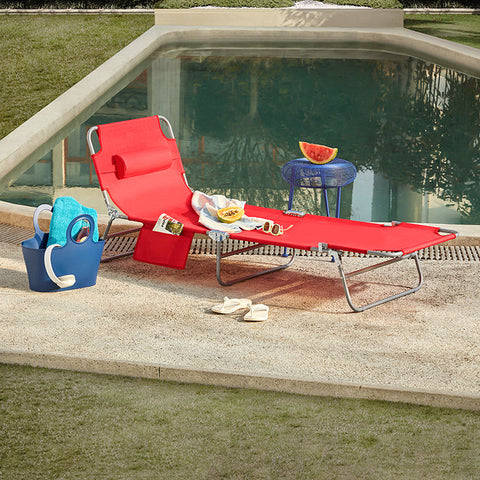 Rootz Adjustable Sun Lounger - Beach Lounger - Garden Chair - Foldable, Breathable, with Side Pocket - Red - 195cm x 58cm x 63cm