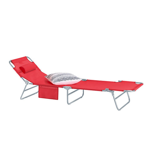 Rootz Adjustable Sun Lounger - Beach Lounger - Garden Chair - Foldable, Breathable, with Side Pocket - Red - 195cm x 58cm x 63cm