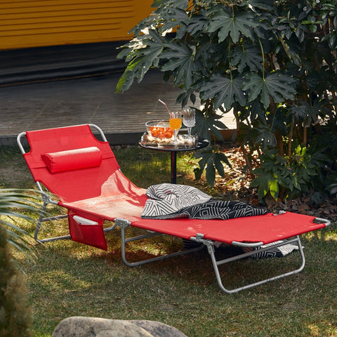 Rootz Adjustable Sun Lounger - Beach Lounger - Garden Chair - Foldable, Breathable, with Side Pocket - Red - 195cm x 58cm x 63cm