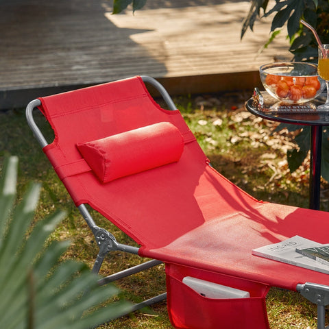 Rootz Adjustable Sun Lounger - Beach Lounger - Garden Chair - Foldable, Breathable, with Side Pocket - Red - 195cm x 58cm x 63cm