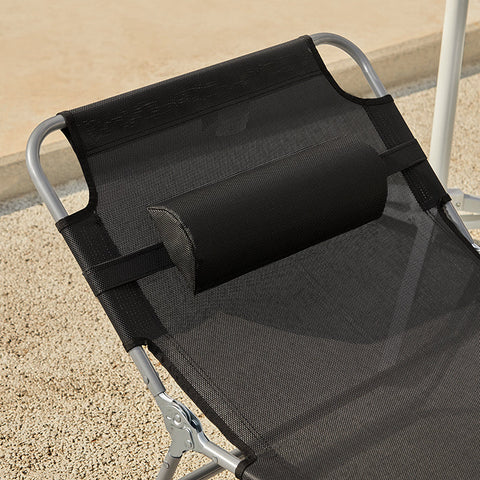 Rootz Adjustable Sun Lounger - Beach Lounger - Garden Lounger - Foldable, Breathable Fabric, with Pillow and Side Pocket - Black - 195cm x 58cm x 63cm