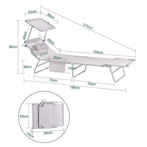 Rootz Verstelbare ligstoel met luifel - Tuinligstoel - Strandligstoel - Duurzaam metalen frame - Synthetische vezelstof - Opbergvak - 195 cm x 90 cm x 63 cm