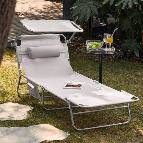 Rootz Adjustable Sun Lounger with Canopy - Garden Lounger - Beach Lounger - Durable Metal Frame - Synthetic Fiber Fabric - Storage Pocket - 195cm x 90cm x 63cm