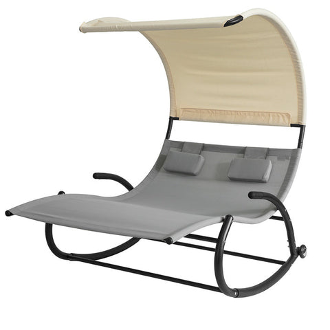 Rootz Double Rocking Lounger - Sun Lounger with Wheels - Garden Bed with Sun Canopy - Durable Metal Frame - Water-Repellent Synthetic Fiber - Easy to Clean - 140cm x 180cm x 184cm