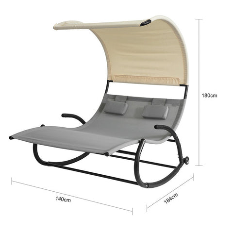 Rootz Double Rocking Lounger - Sun Lounger with Wheels - Garden Bed with Sun Canopy - Durable Metal Frame - Water-Repellent Synthetic Fiber - Easy to Clean - 140cm x 180cm x 184cm