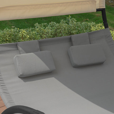 Rootz Double Rocking Lounger - Sun Lounger with Wheels - Garden Bed with Sun Canopy - Durable Metal Frame - Water-Repellent Synthetic Fiber - Easy to Clean - 140cm x 180cm x 184cm
