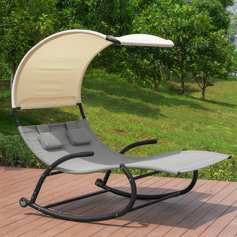 Rootz Double Rocking Lounger - Sun Lounger with Wheels - Garden Bed with Sun Canopy - Durable Metal Frame - Water-Repellent Synthetic Fiber - Easy to Clean - 140cm x 180cm x 184cm