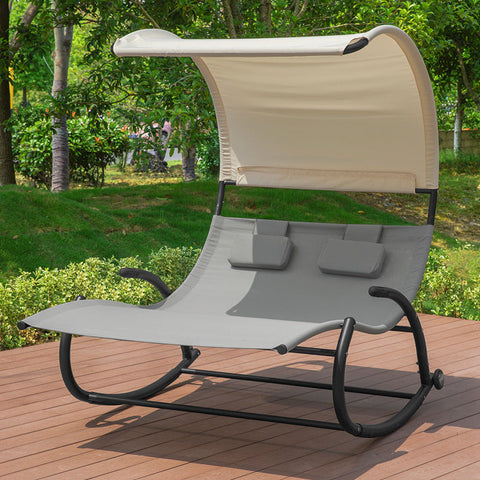 Rootz Double Rocking Lounger - Sun Lounger with Wheels - Garden Bed with Sun Canopy - Durable Metal Frame - Water-Repellent Synthetic Fiber - Easy to Clean - 140cm x 180cm x 184cm