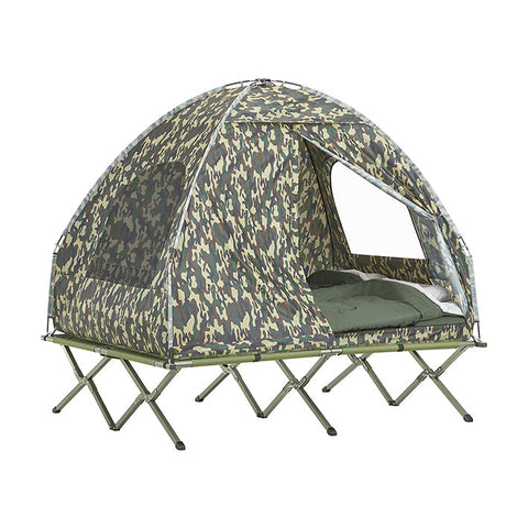 Rootz 4-in-1 Camping Tent Bundle for 2 People - Pop-Up Tent - Camp Bed with Lounger - Durable Oxford Nylon - Waterproof - Easy Assembly - 193cm x 188cm x 145cm - Camouflage Color