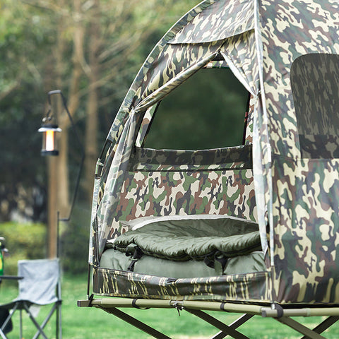Rootz 4-in-1 Campingtent Kit - Eén persoon - Pop-up tent - Kampeerbed - Draagbare ligstoel - Duurzaam Oxford Nylon - Gemakkelijk transport - Geïntegreerd klamboe - 193 cm x 160 cm x 86 cm - Camouflagekleur