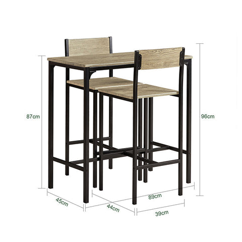 Rootz 3-Piece Bar Table Set - Bar Stools - Dining Set - MDF Veneer Top - Metal Frame - Lightweight & Durable - Easy Maintenance - Table: 89cm x 45cm x 87cm, Stools: 39cm x 41cm x 95cm