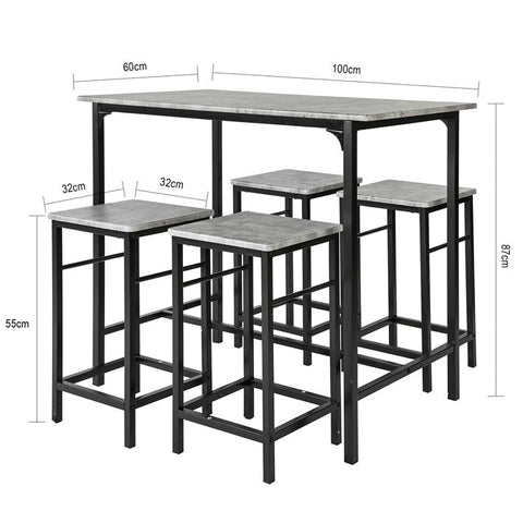 Rootz 5-Piece Bar Table Set - Bar Stools - Dining Set - Sturdy Metal Frame - MDF Veneer Top - High Load Capacity - 100cm x 87cm x 60cm Table, 32cm x 55cm x 32cm Stools - Available in Natural and Gray