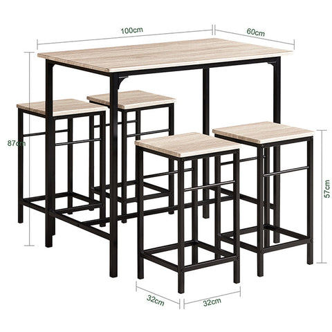 Rootz 5-Piece Bar Table Set - Bar Stools - Dining Set - Sturdy Metal Frame - High Load Capacity - Space-Saving Design - Table: 100cm x 87cm x 60cm; Stools: 32cm x 57cm x 32cm