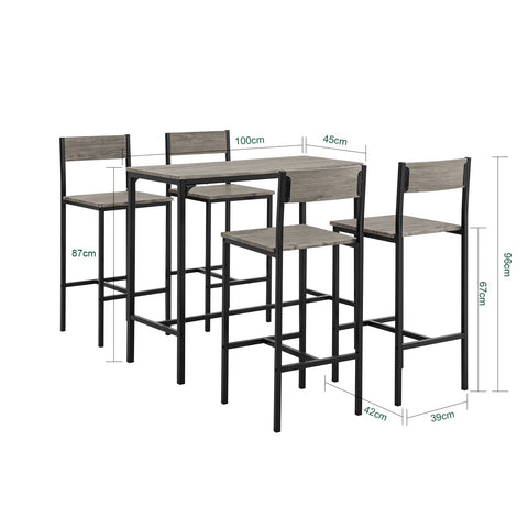 Rootz 5-Piece Bar Table Set - Kitchen Dining Set - Garden Furniture - Durable MDF & PVC Top - Sturdy Metal Frame - 100cm x 87cm x 45cm Table, 39cm x 95cm x 41cm Stools