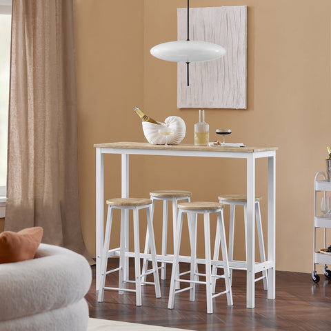Rootz 5-Piece Bar Table Set with 4 Stools - Dining Set - Breakfast Counter - Sturdy Metal Frame - High Load Capacity - Ideal for Kitchen, Dining Room, Garden - White-Natural - 120cm x 100cm x 40cm