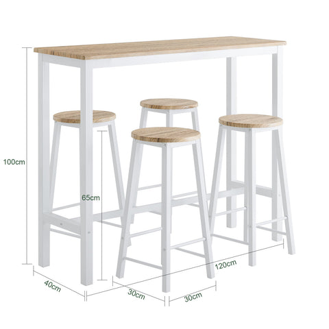 Rootz 5-Piece Bar Table Set with 4 Stools - Dining Set - Breakfast Counter - Sturdy Metal Frame - High Load Capacity - Ideal for Kitchen, Dining Room, Garden - White-Natural - 120cm x 100cm x 40cm