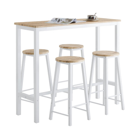 Rootz 5-Piece Bar Table Set with 4 Stools - Dining Set - Breakfast Counter - Sturdy Metal Frame - High Load Capacity - Ideal for Kitchen, Dining Room, Garden - White-Natural - 120cm x 100cm x 40cm