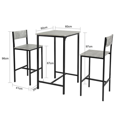 Rootz 3-Piece Bar Table Set - Bar Stools - Dining Set - MDF Tabletop - Sturdy Metal Frame - Ideal for Kitchen & Garden - 60cm x 97cm x 60cm - Gray