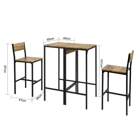 Rootz Compact Bar Table Set with 2 Stools - High Table and Chairs - Dining Set - MDF with PVC Top - Metal Frame - Space-Saving Design - Ideal for Kitchen, Dining Room, Garden - 40cm x 101cm x 60cm