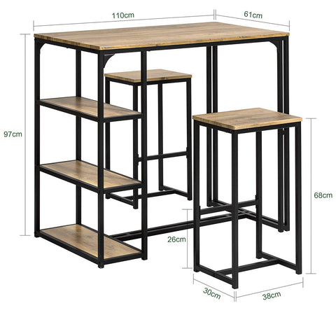 Rootz 3-delige bartafelset - bartafel met 2 stoelen - eetset - MDF tafelblad met PVC - metalen frame - ruimtebesparende opbergplanken - ideaal voor keuken, eetkamer, tuin - 110 cm x 97 cm x 61 cm