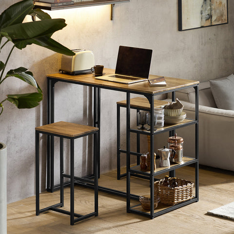 Rootz 3-delige bartafelset - bartafel met 2 stoelen - eetset - MDF tafelblad met PVC - metalen frame - ruimtebesparende opbergplanken - ideaal voor keuken, eetkamer, tuin - 110 cm x 97 cm x 61 cm