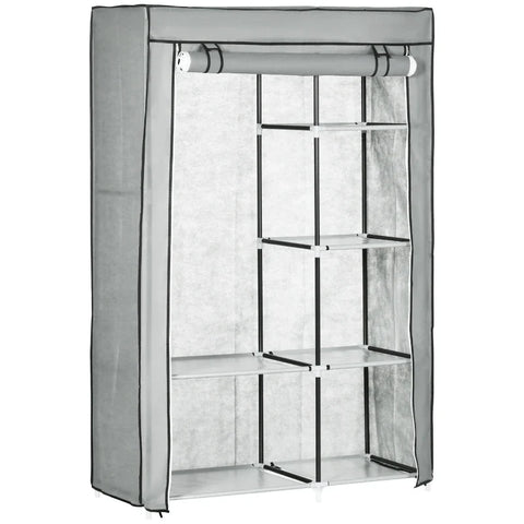 Rootz Fabric Cabinet - Cloth Cabinet - Closet Storage Solution - 6 Shelves - 1 Clothes Rail - Cupboard - Gray - 103L x 43W x 162.5H cm