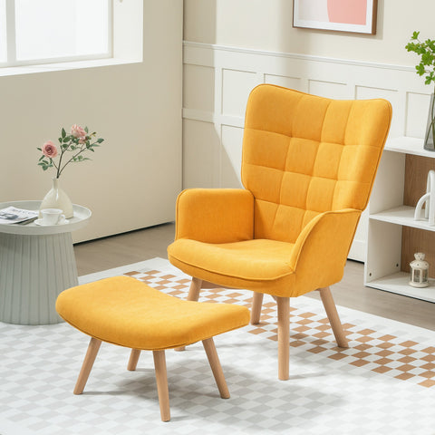 Rootz Accent Chair with Stool - Relaxation Chair - Armchair - Wood Legs - High Comfort - 72cm x 80cm x 101cm - Yellow Corduroy