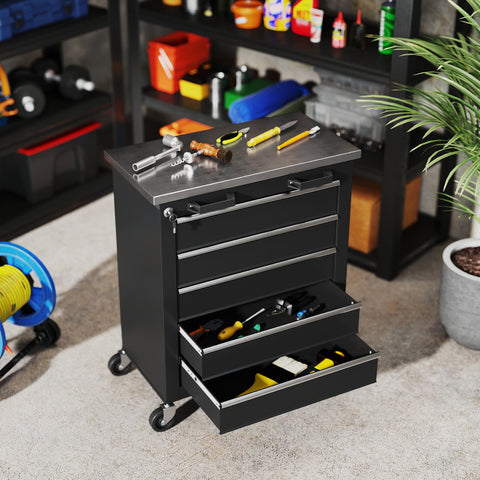 Rootz 5 Drawer Tool Cabinet – Rolling Tool Box – Steel Tool Trolley – Secure Storage – Organizes Tools – 65.5x34.5x76 cm – Silver + Black
