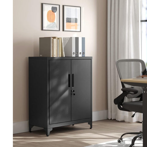 Rootz Steel Metal Cabinet - Storage Organizer - Black - Adjustable Shelves - Heavy Duty - 40cm x 80cm x 90cm