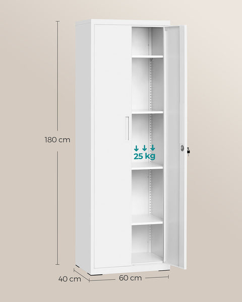 Rootz 5 Level Storage Cabinet - File Organizer - Powder-Coated Shelving - Durable Steel - 40cm x 60cm x 180cm - White Finish