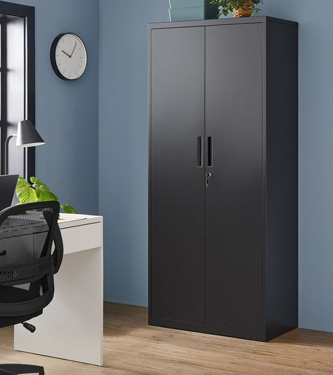 Rootz Storage Cabinet - Black Organizer - Steel Shelving Unit - Heavy Duty - 40cm x 80cm x 180cm - 25kg Capacity