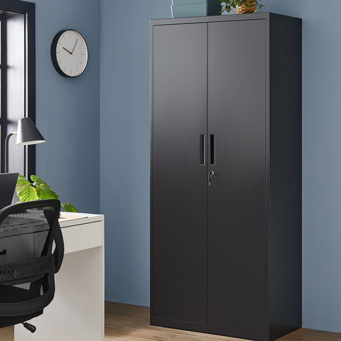 Rootz Storage Cabinet - Black Metal Cabinet - Large Wardrobe - Powder-coated Steel - 40cm x 80cm x 180cm - 40.5kg - 25kg capacity shelves