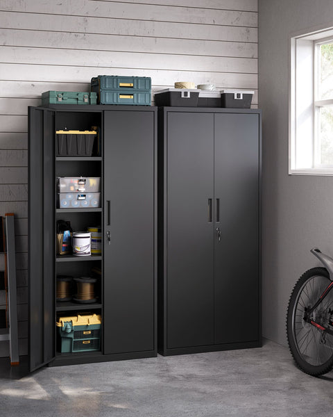 Rootz Storage Cabinet - Black Organizer - Steel Shelving Unit - Heavy Duty - 40cm x 80cm x 180cm - 25kg Capacity