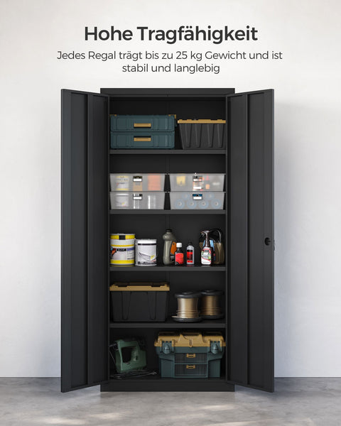 Rootz Storage Cabinet - Black Metal Cabinet - Large Wardrobe - Powder-coated Steel - 40cm x 80cm x 180cm - 40.5kg - 25kg capacity shelves