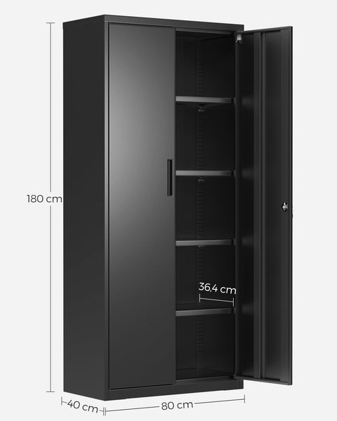 Rootz Storage Cabinet - Black Metal Cabinet - Large Wardrobe - Powder-coated Steel - 40cm x 80cm x 180cm - 40.5kg - 25kg capacity shelves