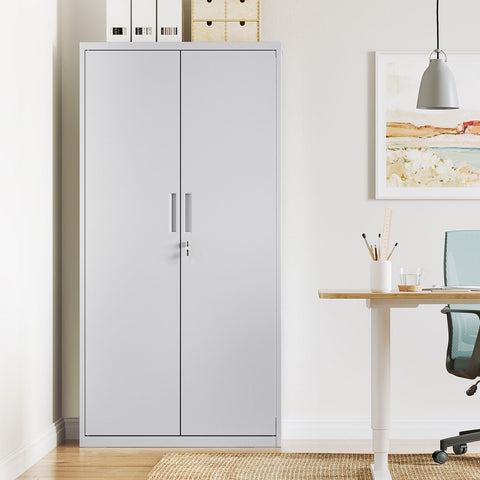 Rootz Metal Cabinet - Office Storage - Filing Cabinet - Gray Powder-Coated Steel - Adjustable Shelves - Double Doors - Stable Structure - 80cm x 40cm x 180cm